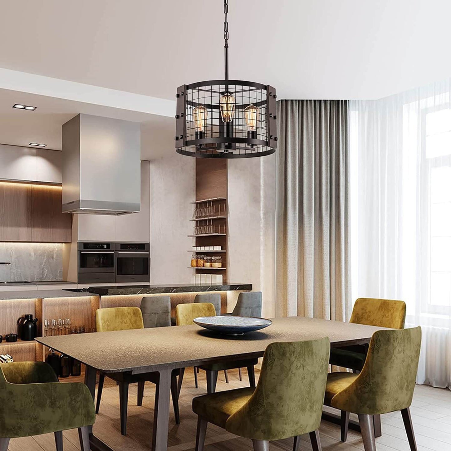 Industrial Vintage Iron Drum Shape 3-Light Chandelier