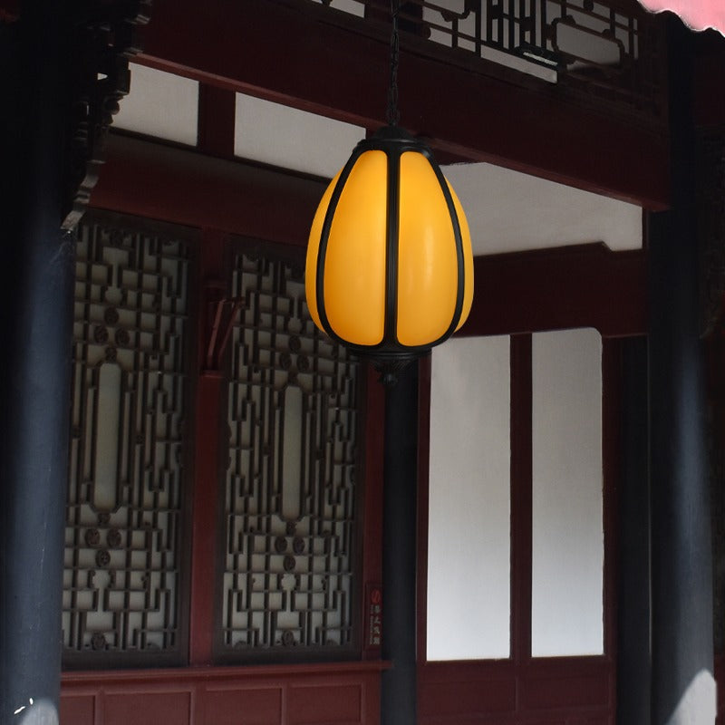 Traditional Chinese Waterproof Aluminum PC Dolomite Elliptical Pumpkin 1-Light Pendant Light For Ourdoor Patio