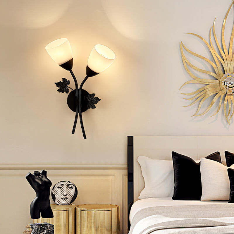 Contemporary Scandinavian Floral Iron Glass 1/2 Light Wall Sconce Lamp For Living Room