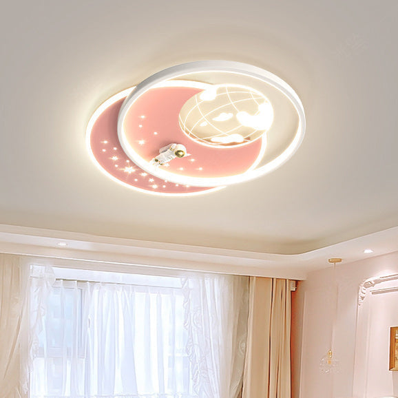 モダンアールデコ調宇宙飛行士丸型アクリルアイアンLEDフラッシュマウントシーリングライト寝室用