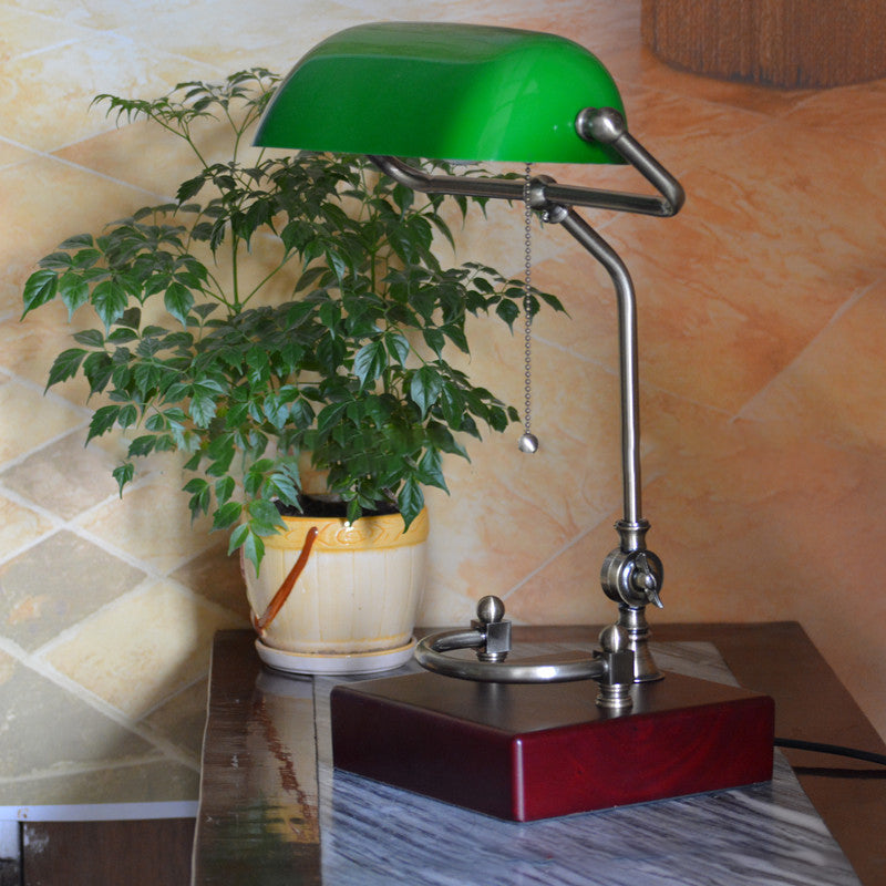 Traditional Vintage Square Green Shade Glass Solid Wood Iron 1-Light Table Lamp For Living Room