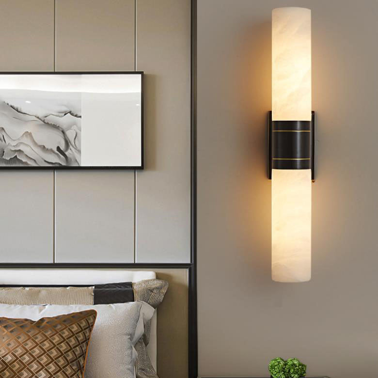 Modern Mid-Century Marble Column Copper 2-Light Wall Sconce Lamp For Living Room