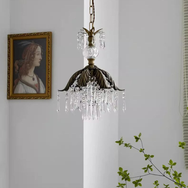 Traditional Vintage Brass Iron Crystal Pineapple Flower 1-Light Pendant Light For Hallway