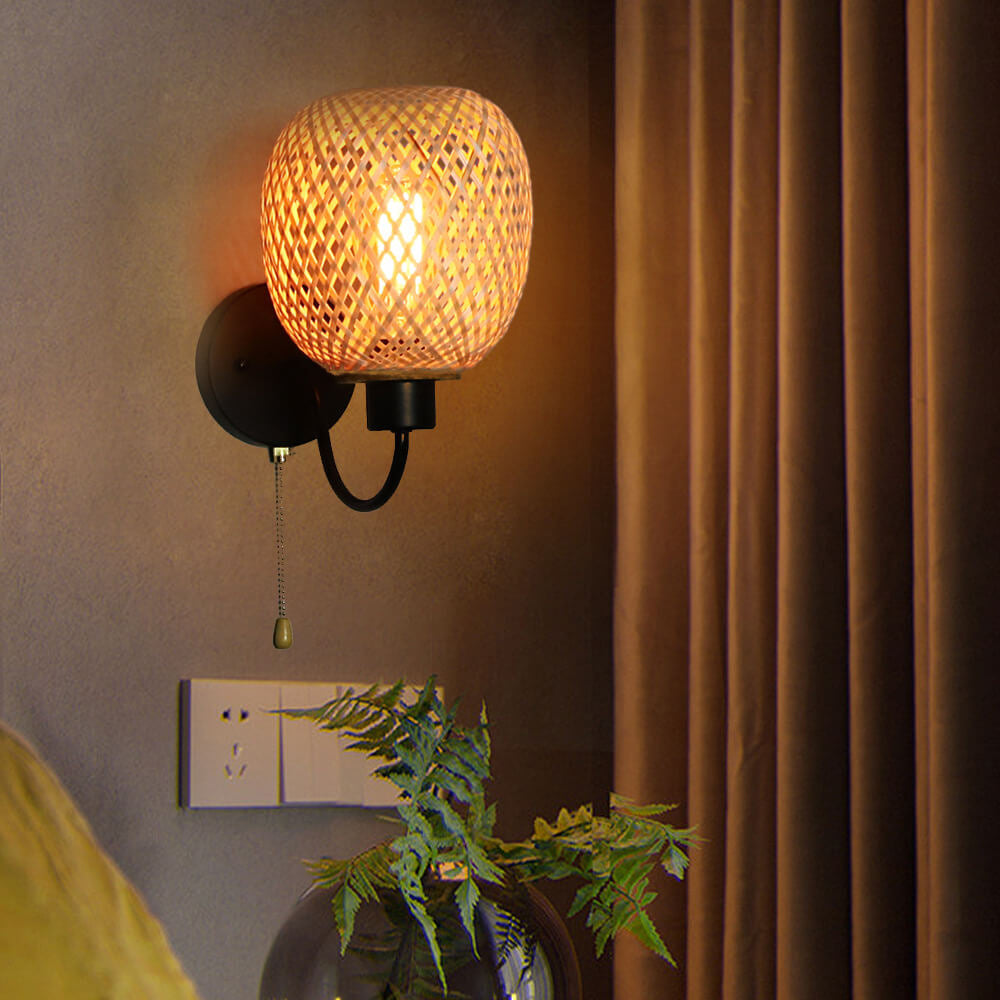 Traditional Chinese Iron Bamboo Woven Cage 1-Light Wall Sconce Lamp For Living Room