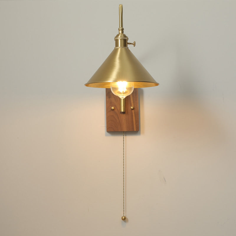 Contemporary Retro Brass Walnut Conic 1-Light Wall Sconce Lamp For Bedside