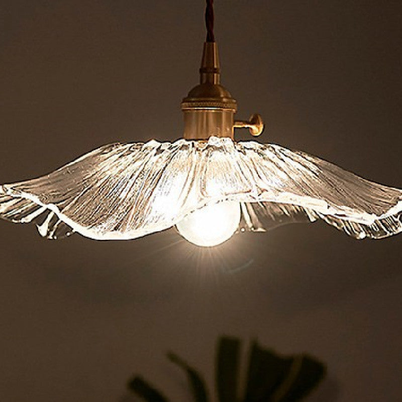 Traditional Vintage Brass Lotus Leaf Glass Shade 1-Light Pendant Light For Living Room