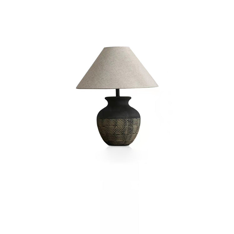 Traditional Japanese Vintage Cone Fabric Round Ceramic Jar Base 1-Light Table Lamp For Bedroom