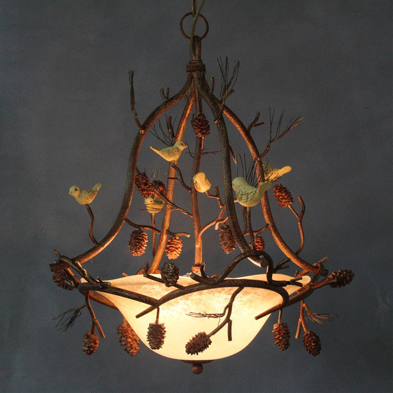 Traditional Rustic Branch Bird Round Glass Iron 3-Light Chandelier For Bedroom