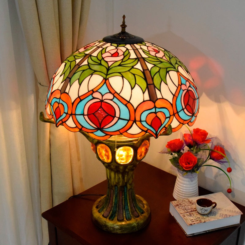 Traditional Tiffany Peach Stained Glass Dome 4-Light Table Lamp For Study