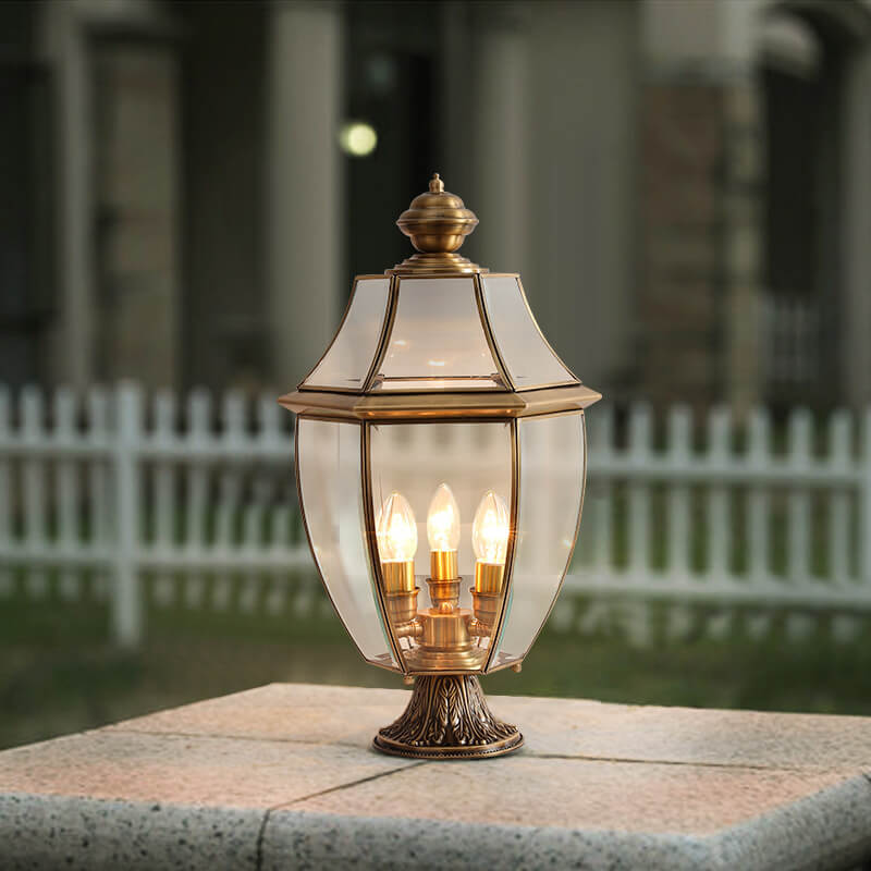 European Luxury All Copper Clear Glass Lantern Post 1/3 Light Waterproof Patio Landscape Light