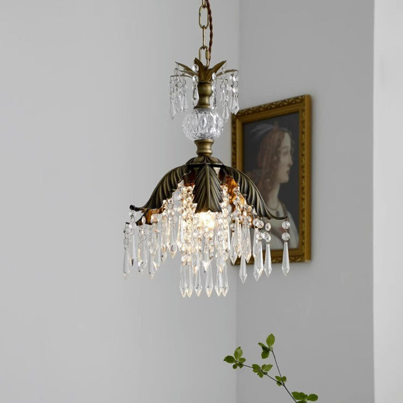 Traditional Vintage Brass Iron Crystal Pineapple Flower 1-Light Pendant Light For Hallway