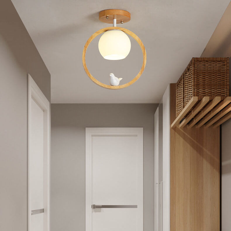 Modern Japanese Minimalist Log Bird Round 1-Light Semi-Flush Mount Ceiling Light
