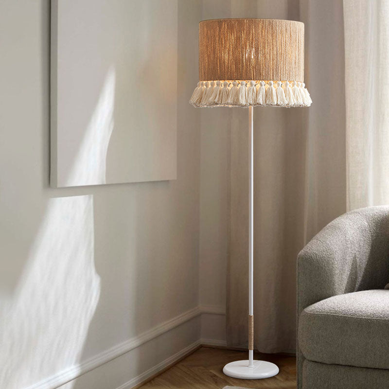 Contemporary Boho Hemp Rope Weaving Cylinder Cotton Tassel 1-Light Standing Floor Lamp For Home Office