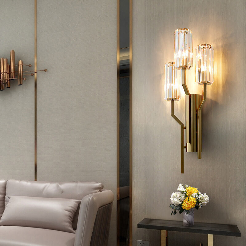 Modern Luxury Cylinder Hardware Crystal 3-Light Wall Sconce Lamp For Living Room
