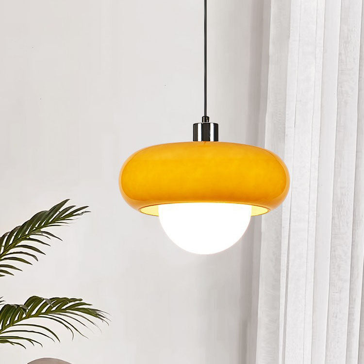 Contemporary Scandinavian Iron Semi-circular Glass Shade 1-Light Pendant Light For Living Room