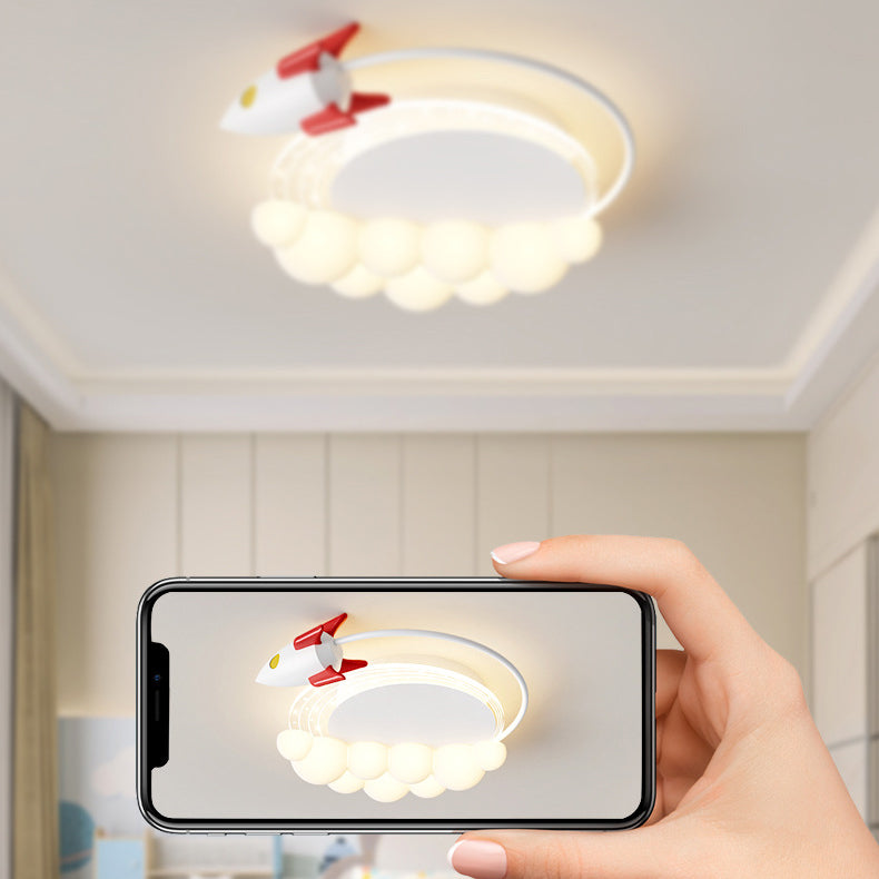 Modern Art Deco Kids Iron PE Rocket Cloud Round LED Flush Mount Ceiling Light For Bedroom