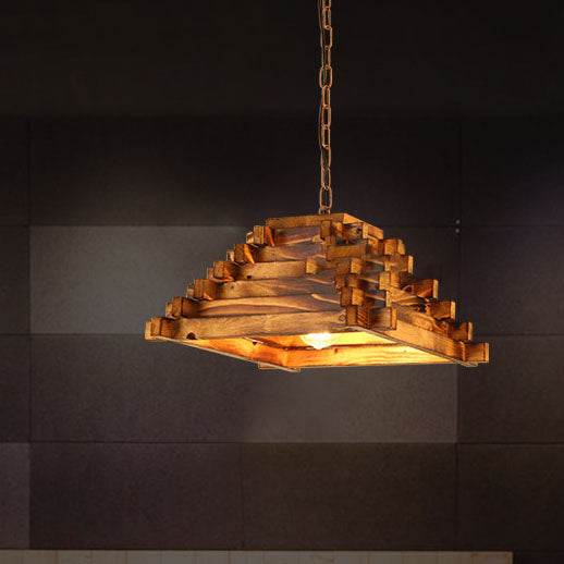 Traditional Rustic Wood Trapezoidal Shade Iron Chain 1-Light Pendant Light For Dining Room