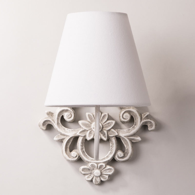 Traditional Vintage Carved Cylinder Solid Wood Fabric 1-Light Wall Sconce Lamp For Bedroom