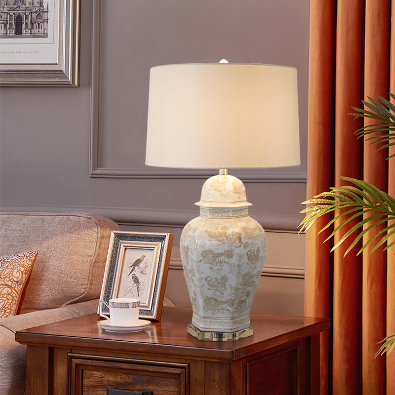 Vintage Palace Ceramics Base Fabric Drum Shade 1-Light Table Lamp