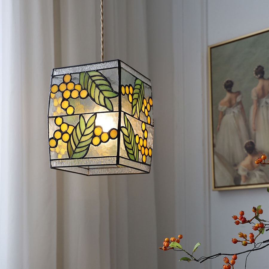 مصباح معلق مربع من النحاس الياباني العتيق، زجاج ملون، بمصباح واحد