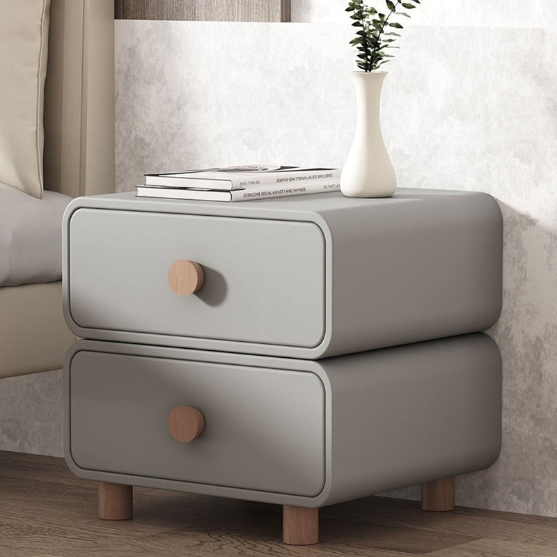 Contemporary Scandinavian Square Tabletop Solid Wood Faux Leather Stainless Steel Nightstand 2-Drawer For Bedroom