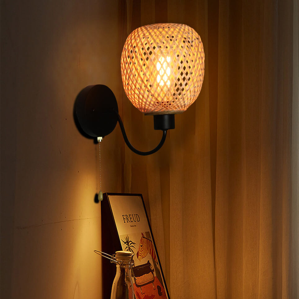 Traditional Chinese Iron Bamboo Woven Cage 1-Light Wall Sconce Lamp For Living Room