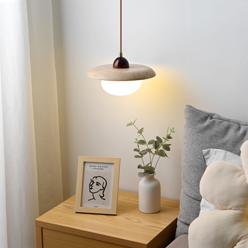 Vintage Simple Glass Solid Wood Stone Round 1-Light Pendant Light