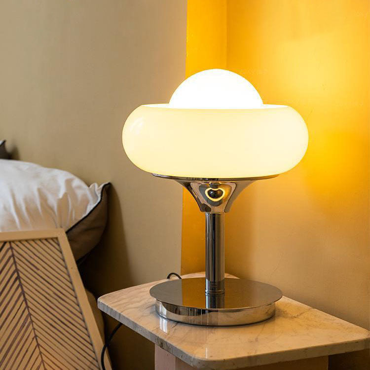 Contemporary Simplicity Silver Finish Frame Custard Tart Glass Shade 1-Light Table Lamp For Study