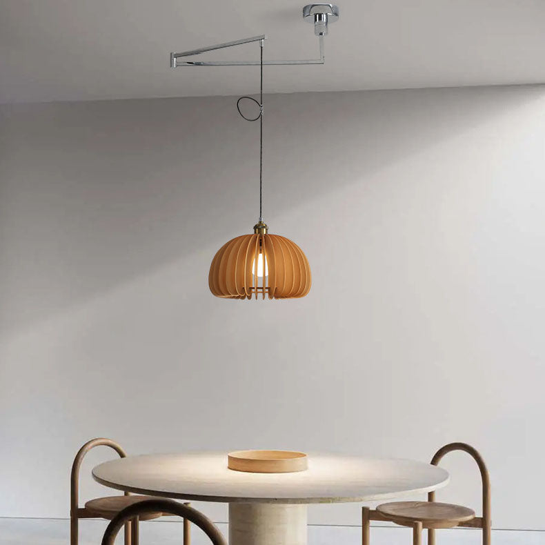 Traditional Vintage Wooden Pumpkin Shade Rocker Arm Telescopic 1-Light Pendant Light For Dining Room