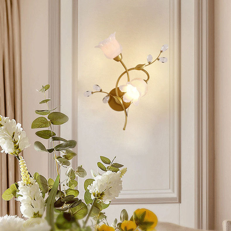 Modern Art Deco Flower Hardware Glass Crystal 2-Light Wall Sconce Lamp For Living Room
