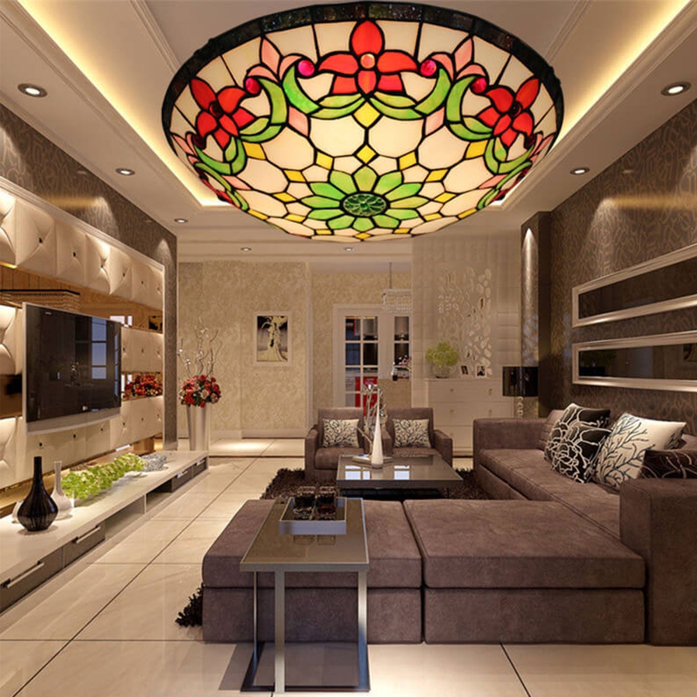 European Tiffany Flowers Stained Glass 3-Light Flush Mount Ceiling Light