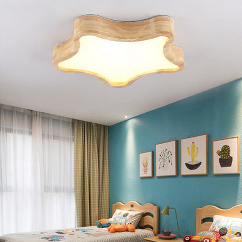 Scandinavian Modern Minimalist Clouds Stars Rubber Wood Acrylic LED Flush Mount Ceiling Light