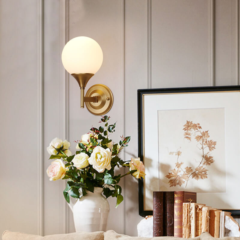 Modern Minimalist Pure Gold White Orb Copper Frosted Glass 1-Light Wall Sconce Lamp
