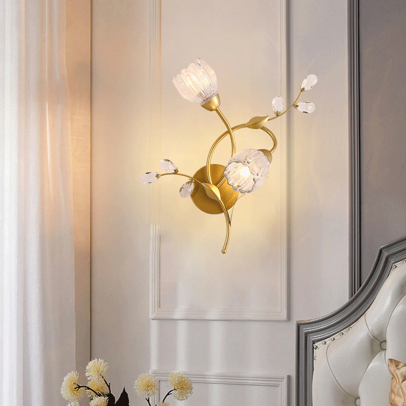 Modern Art Deco Flower Hardware Glass Crystal 2-Light Wall Sconce Lamp For Living Room