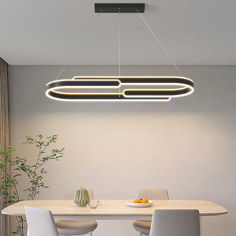 ダイニングルームに最適な、モダンでミニマリストなオーバルストリップアイアンアルミLEDアイランドライトシャンデリア