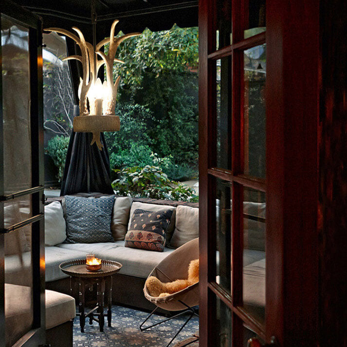 Vintage Industrial Resin Deer Head 3-Light Chandelier