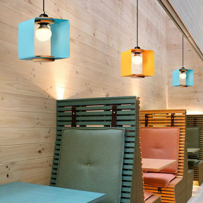 Nordic Creative Iron Solid Wood Square Geometry 1-Light Pendant Light