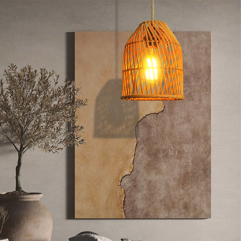 Vintage Rattan Weaving Dome Column 1-Light Pendant Light