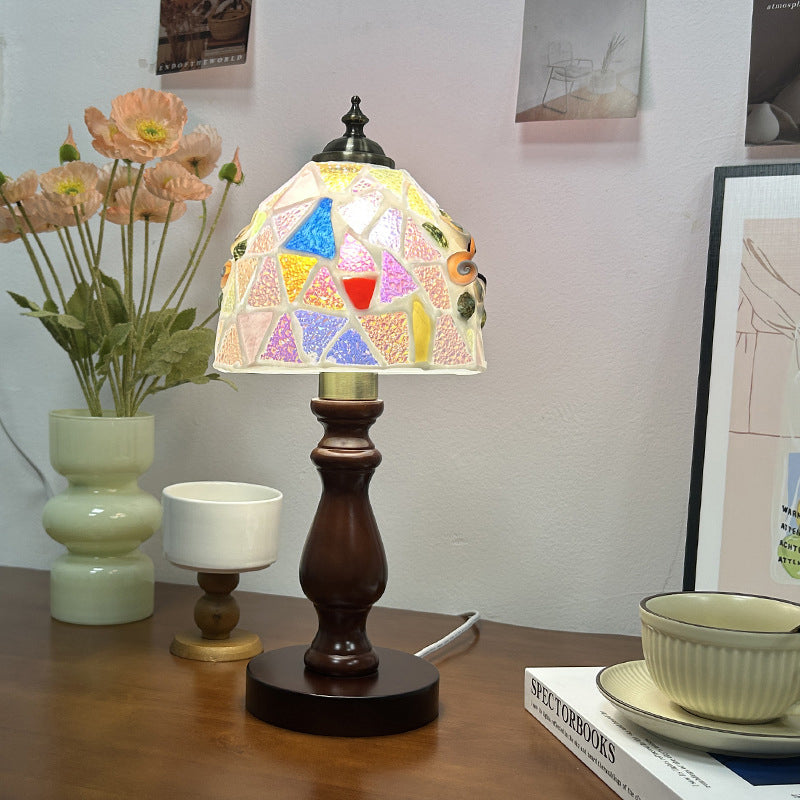 Traditional Vintage Wood Glass Hemispheroid Shell Lozenge 1-Light Table Lamp For Bedside