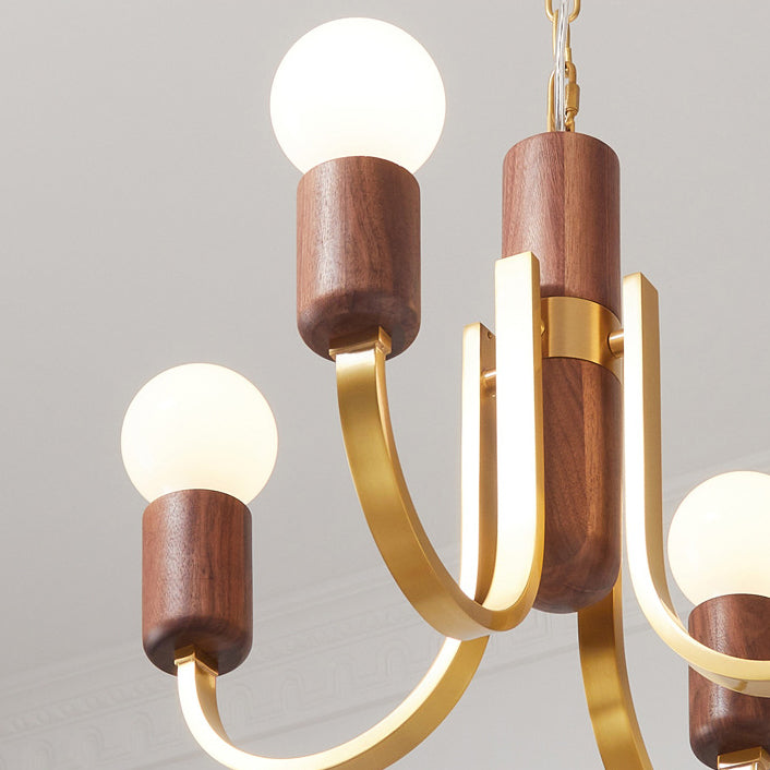 Contemporary Vintage Curved Rod Cylinder Candlestick Shape Copper Wood 3/4/5 Light Chandelier For Living Room