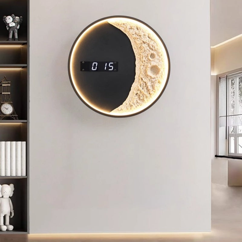 Modern Minimalist Round Moon Astronaut Clock Hardware Aluminium Resin LED Wall Sconce Lamp For Living Room