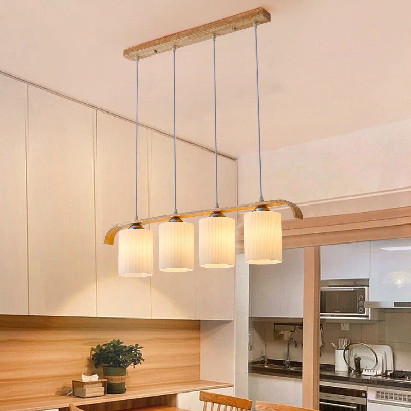 Contemporary Scandinavian Long Cylinder Glass Wood 4-Light Island Light Chandelier For Living Room