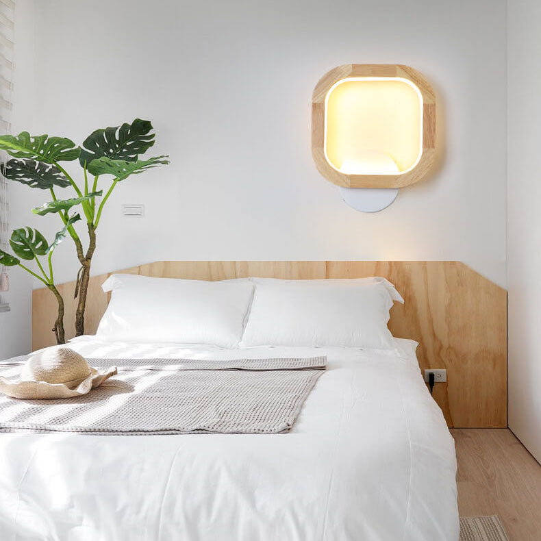 Japanese Modern Square Round Rubber Wood Hardware LED Wall Sconce Lamp
