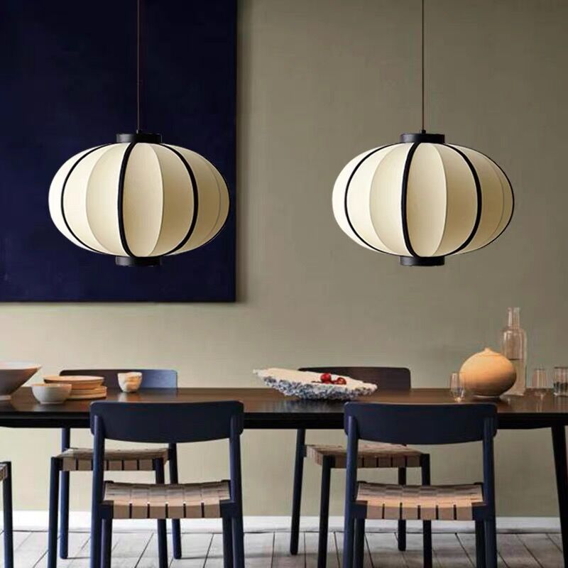 Traditional Chinese Fabric Lantern Iron Frame 1-Light Pendant Light For Living Room