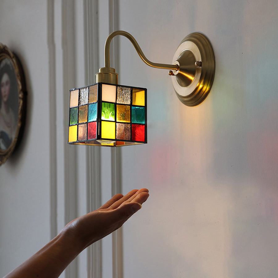 Traditional Vintage Square Rubik's Cube Tulip Brass Glass 1-Light Wall Sconce Lamp For Living Room