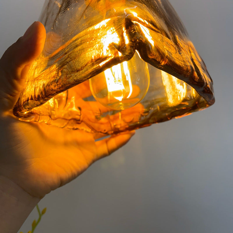 Traditional Vintage Amber Square Glass Brass 1-Light Pendant Light For Living Room