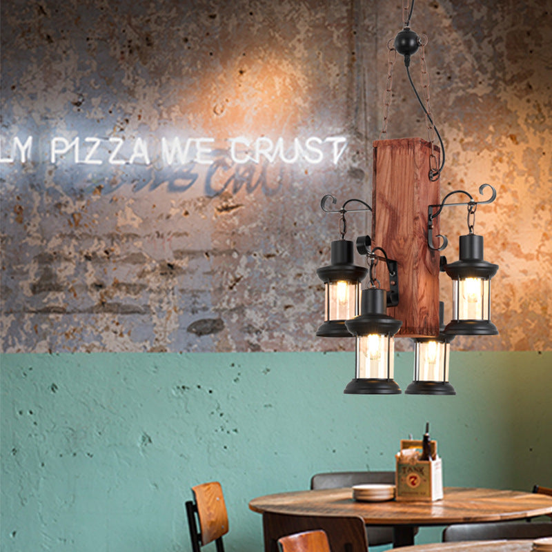 伝統的な素朴な長方形のシリンダー木製ハードウェア4ライトシャンデリアリビングルーム用