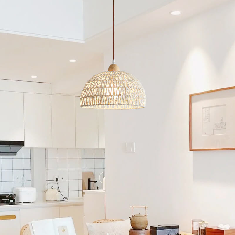 Contemporary Boho Wood Rattan Weaving Dome 1-Light Pendant Light For Dining Room