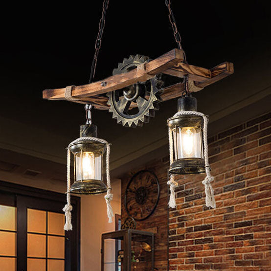 Vintage Industrial Wooden Metal 2-Light Island Light Chandelier