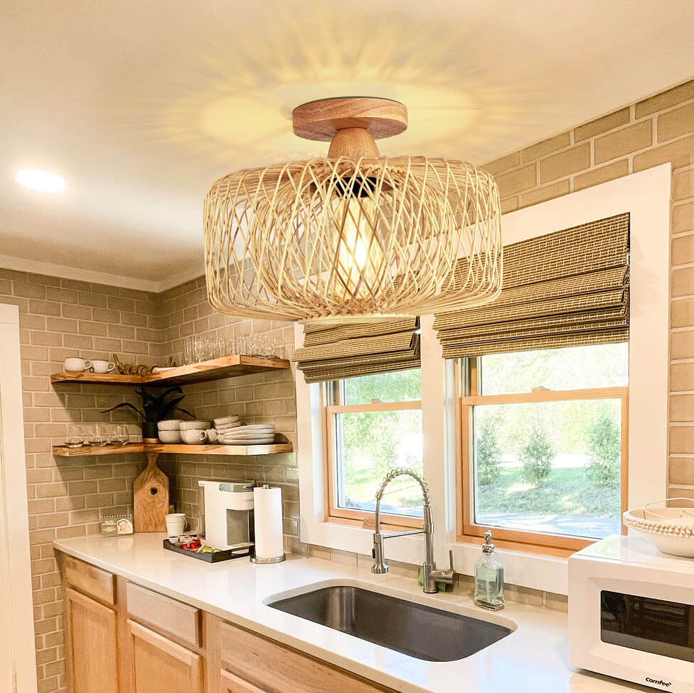Contemporary Coastal Round Wood Bamboo Woven 1-Light Semi-Flush Mount Ceiling Light For Living Room